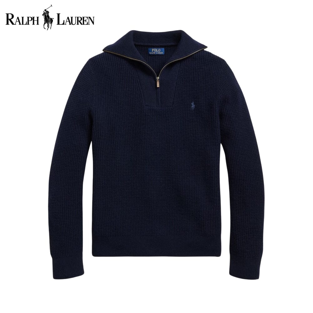 RL Wolle-Baumwolle-Pullover mit Waffelstrick und Viertelreißverschluss